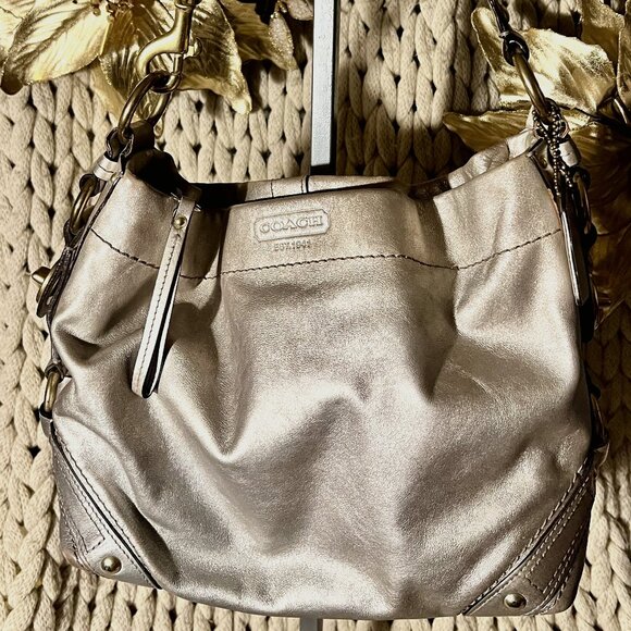 COACH-RARE Metallic Leather Zoe Shoulder Bag-Gold - Picture 1 of 5